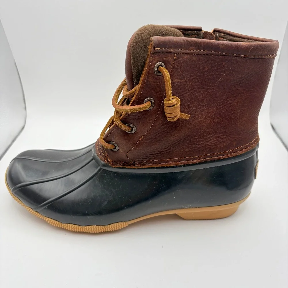 Sperry Women 8 Saltwater Duck Boots Brown Black Leather Rubber Waterproof Ankle